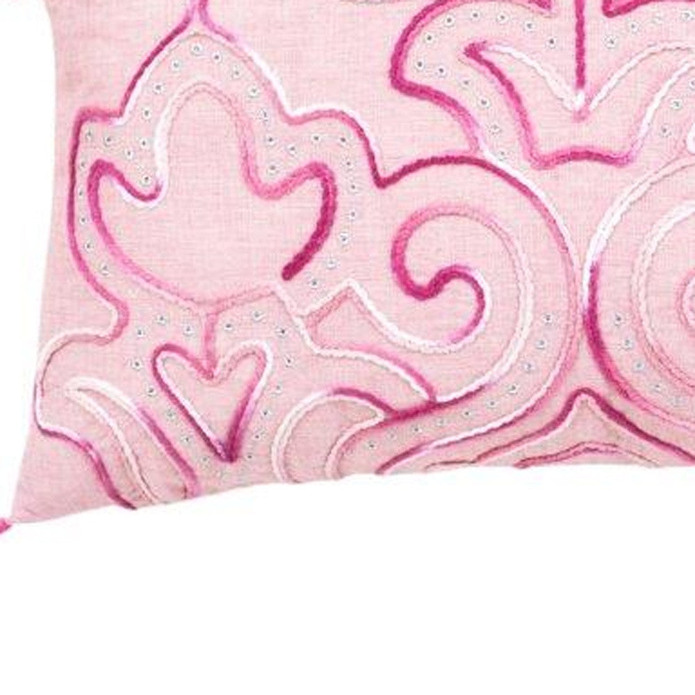 13" X 20" Pink Embroidered Damask Throw Pillow With Tassels - Homeroots - Flyclothing LLC