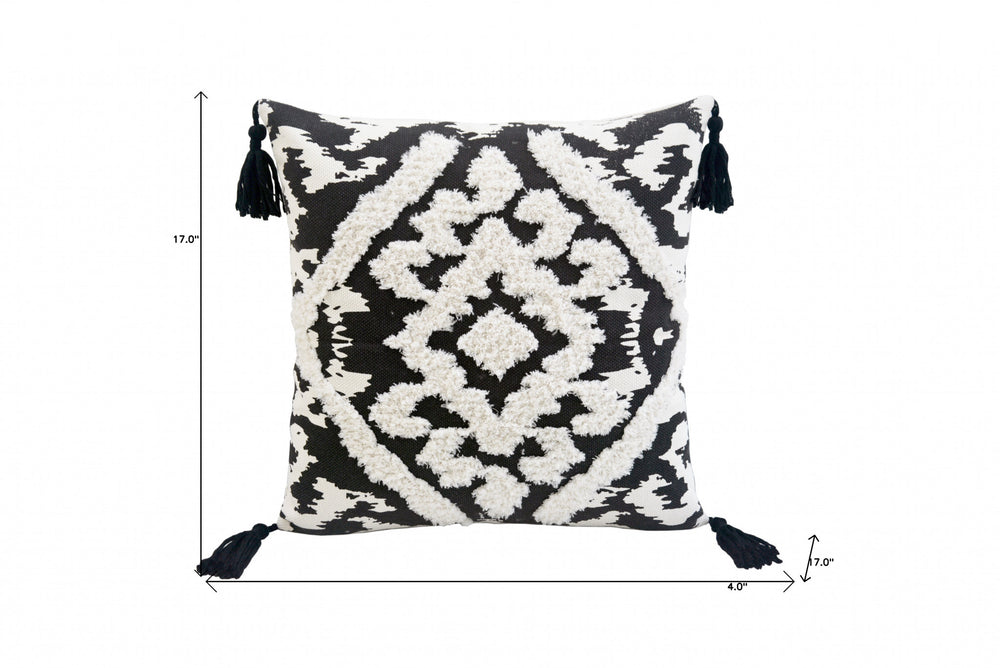 17" X 17" Black and White Textural Geometric Throw Pillow With Tassels - Homeroots - Flyclothing LLC