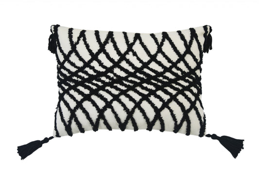 13" X 18" Black And White Geometric Zippered Polyester And Cotton Blend Throw Pillow With Tassels - Homeroots