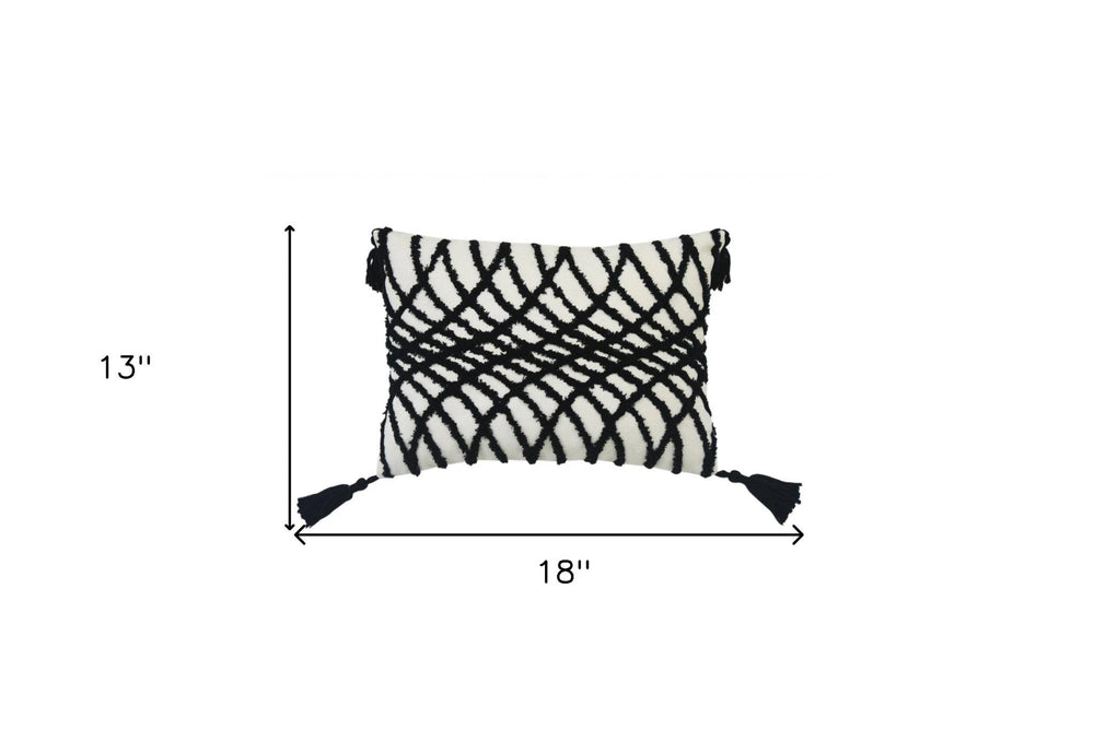 13" X 18" Black And White Geometric Zippered Polyester And Cotton Blend Throw Pillow With Tassels - Homeroots - Flyclothing LLC