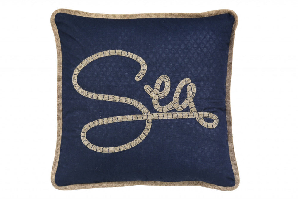 17" X 17" Navy Blue And Brown Text Zippered Polyester And Burlap Blend Throw Pillow With Embroidery - Homeroots - Flyclothing LLC