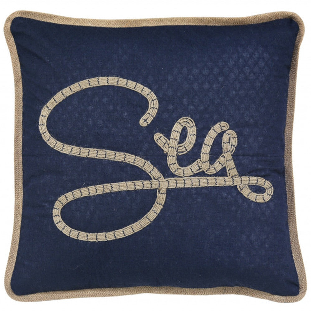 17" X 17" Navy Blue And Brown Text Zippered Polyester And Burlap Blend Throw Pillow With Embroidery - Homeroots - Flyclothing LLC