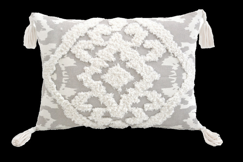 13" X 18" Grey And White Damask Zippered Polyester And Cotton Blend Throw Pillow With Tassels - Homeroots - Flyclothing LLC