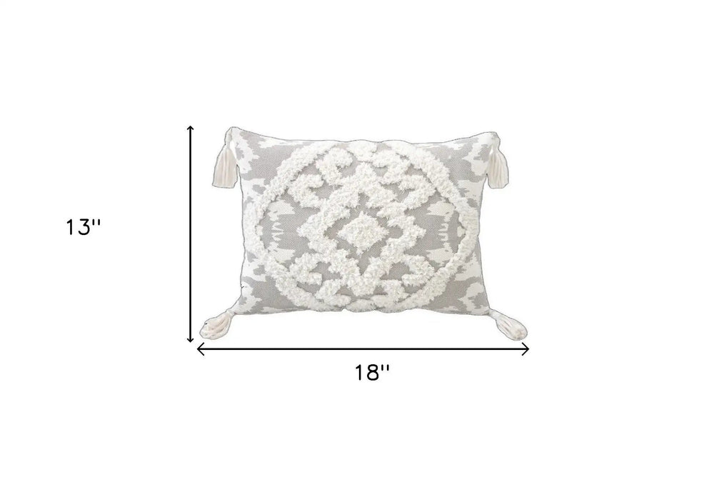 13" X 18" Grey And White Damask Zippered Polyester And Cotton Blend Throw Pillow With Tassels - Homeroots - Flyclothing LLC