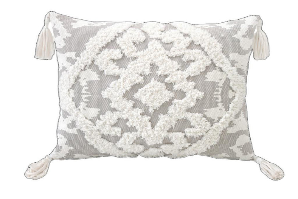 13" X 18" Grey And White Damask Zippered Polyester And Cotton Blend Throw Pillow With Tassels - Homeroots - Flyclothing LLC
