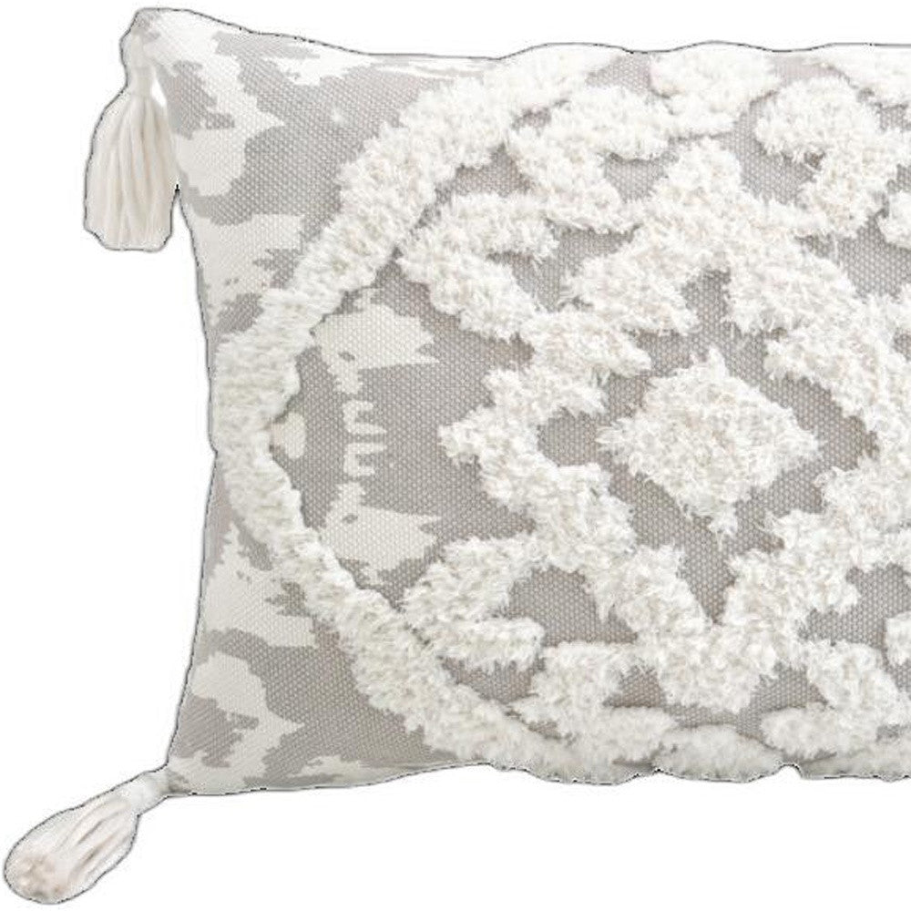 13" X 18" Grey And White Damask Zippered Polyester And Cotton Blend Throw Pillow With Tassels - Homeroots - Flyclothing LLC
