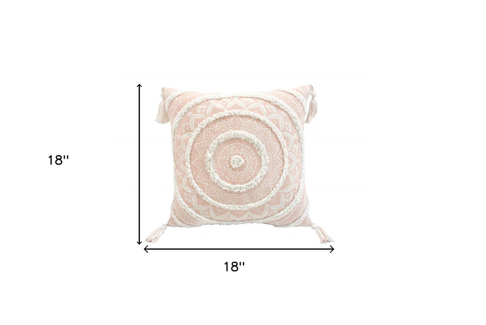 18" X 18" Peach And White Geometric Zippered Polyester And Cotton Blend Throw Pillow With Tassels - Homeroots - Flyclothing LLC