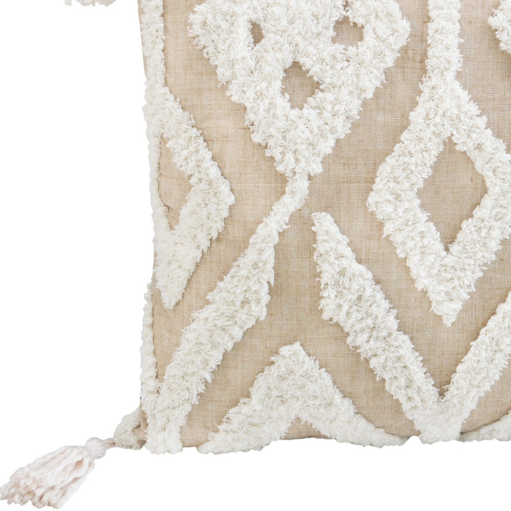 17" X 17" Beige And White Ikat Zippered Polyester Throw Pillow With Tassels - Homeroots - Flyclothing LLC