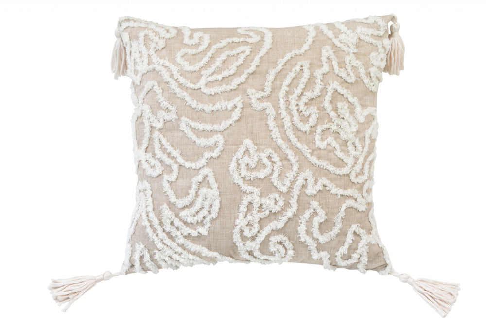 17" X 17" Beige And White Abstract Zippered Polyester Throw Pillow With Tassels - Homeroots - Flyclothing LLC
