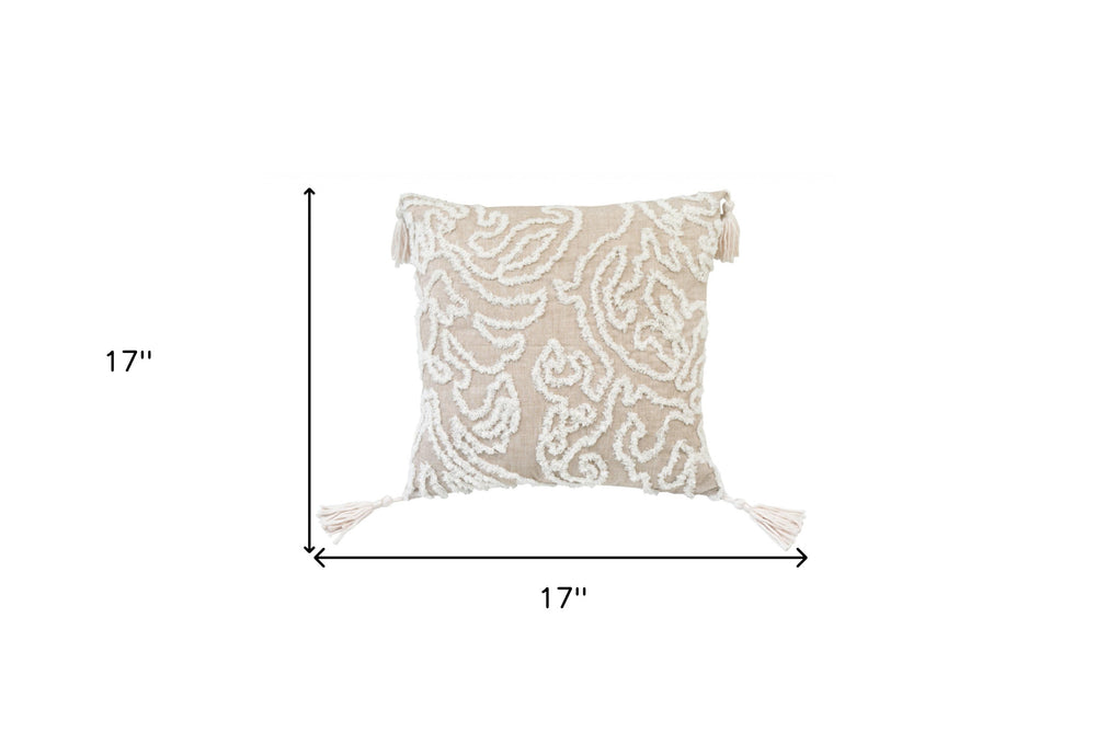 17" X 17" Beige And White Abstract Zippered Polyester Throw Pillow With Tassels - Homeroots - Flyclothing LLC