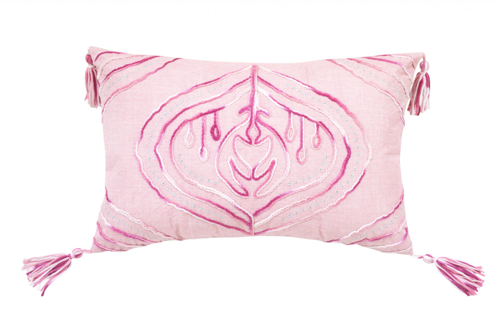 13" X 20" Pink White And Silver Abstract Zippered Polyester Throw Pillow With Tassels - Homeroots - Flyclothing LLC
