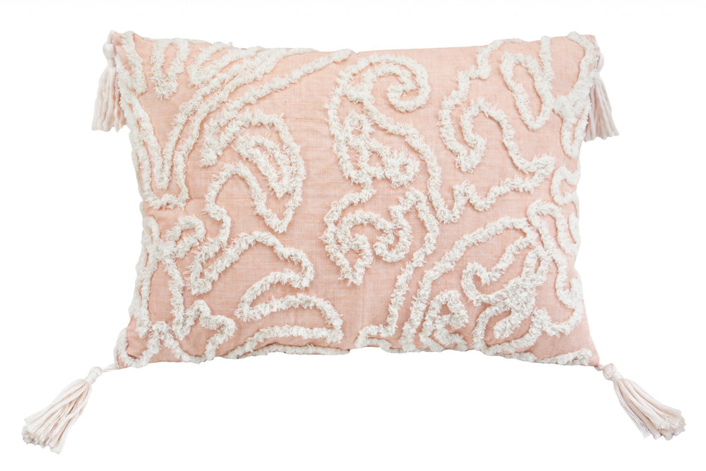 13" X 18" Beige and Ivory Damask Throw Pillow With Texture Embroidery and Tassles - Homeroots - Flyclothing LLC