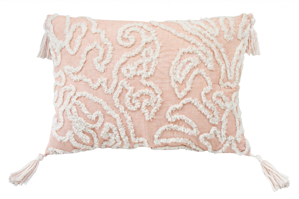 13" X 18" Beige and Ivory Damask Throw Pillow With Texture Embroidery and Tassles - Homeroots - Flyclothing LLC