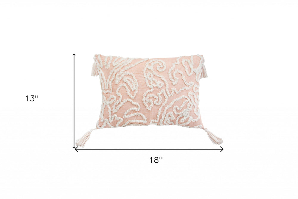 13" X 18" Beige and Ivory Damask Throw Pillow With Texture Embroidery and Tassles - Homeroots - Flyclothing LLC