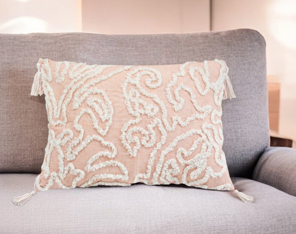 13" X 18" Beige and Ivory Damask Throw Pillow With Texture Embroidery and Tassles - Homeroots - Flyclothing LLC