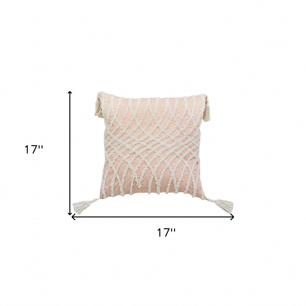 17" X 17" Beige And White Interlocking Zippered Polyester Throw Pillow With Tassels - Homeroots - Flyclothing LLC