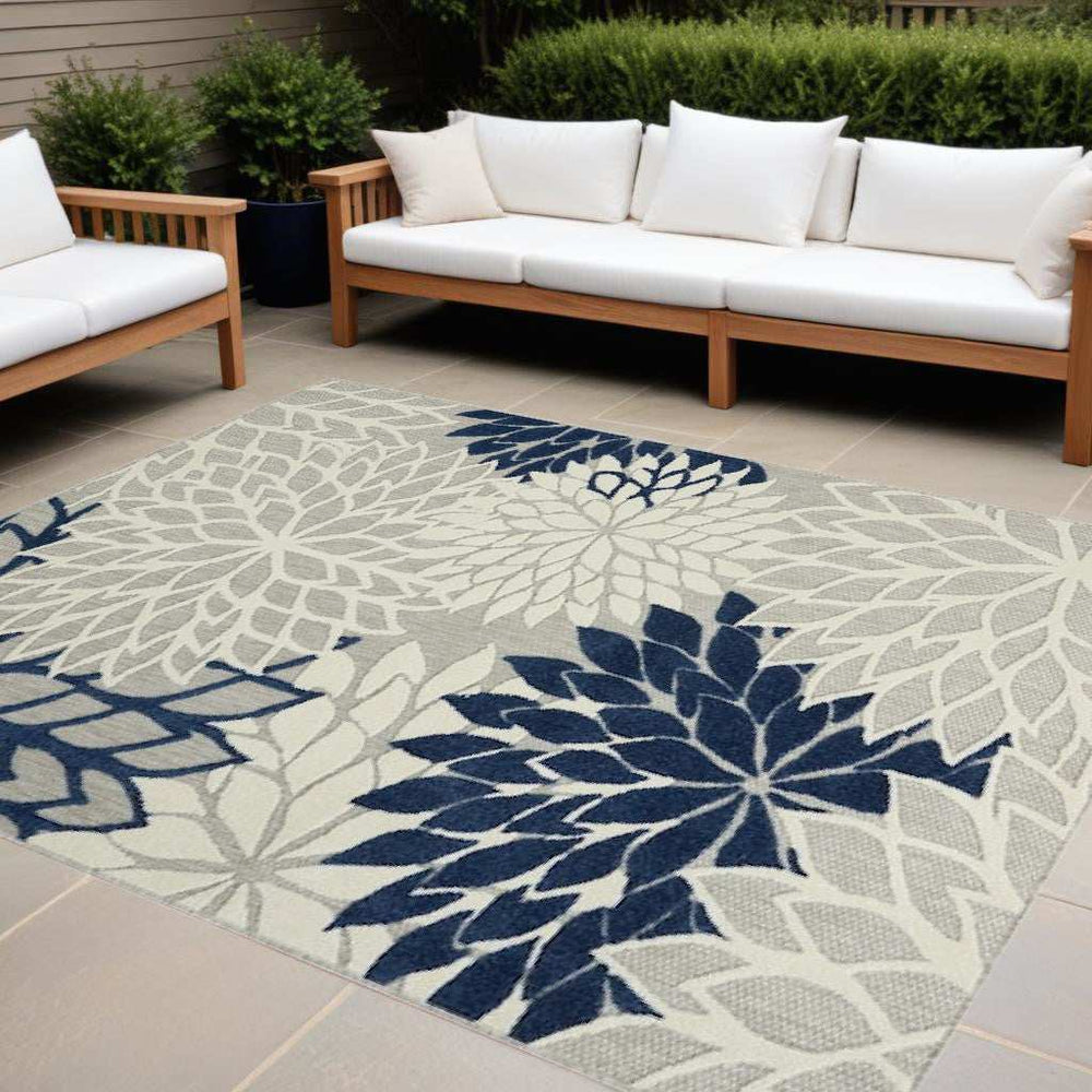 10' X 13' Ivory And Navy Floral Non Skid Indoor Outdoor Area Rug - Homeroots - Flyclothing LLC