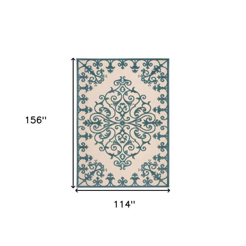 10' X 13' Aqua Damask Non Skid Indoor Outdoor Area Rug - Homeroots - Flyclothing LLC