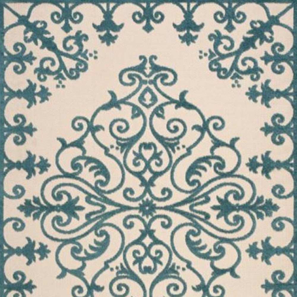 10' X 13' Aqua Damask Non Skid Indoor Outdoor Area Rug - Homeroots - Flyclothing LLC