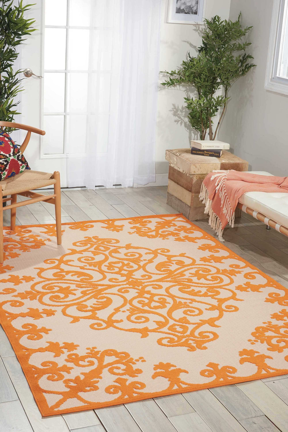 10' X 13' Orange Damask Non Skid Indoor Outdoor Area Rug - Homeroots - Flyclothing LLC