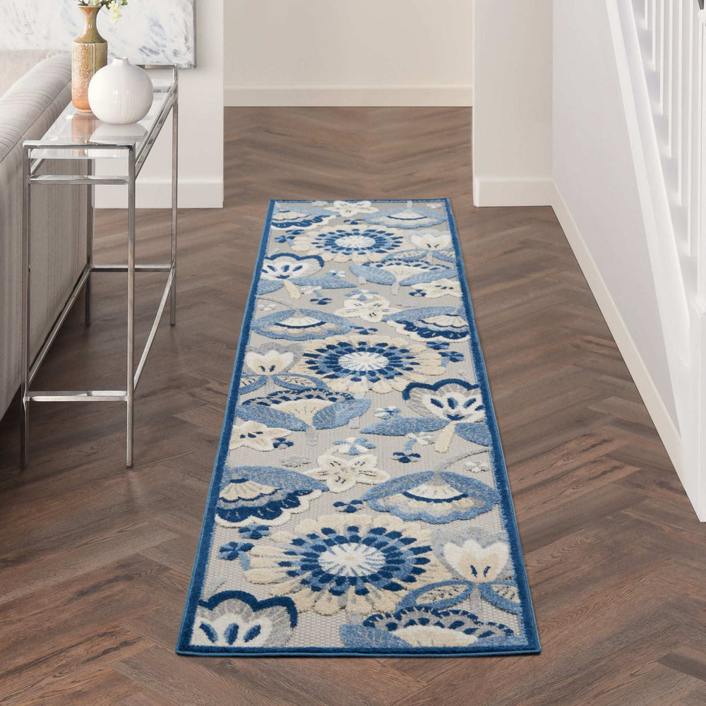 2' X 12' Blue And Grey Floral Non Skid Indoor Outdoor Runner Rug - Homeroots - Flyclothing LLC