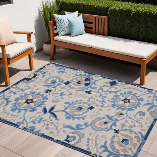 5' X 7' Blue And Grey Toile Non Skid Indoor Outdoor Area Rug - Homeroots - Flyclothing LLC