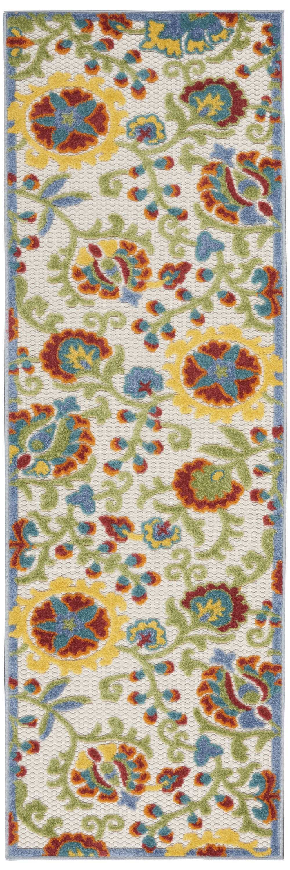 2' X 6' Ivory Green Yellow Floral Non Skid Indoor Outdoor Runner Rug - Homeroots - Flyclothing LLC