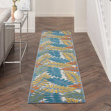 2' X 12' Ivory Teal And Gold Floral Non Skid Indoor Outdoor Runner Rug - Homeroots - Flyclothing LLC