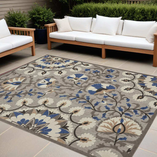 10' X 13' Grey Floral Non Skid Indoor Outdoor Area Rug - Homeroots - Flyclothing LLC