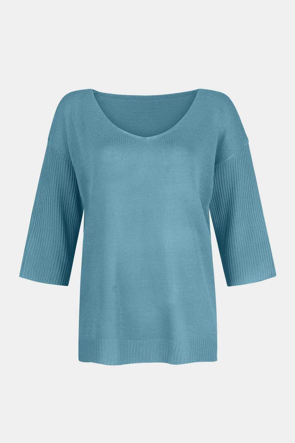 V-Neck Three-Quarter Sleeve Knit Top - Trendsi - Flyclothing LLC