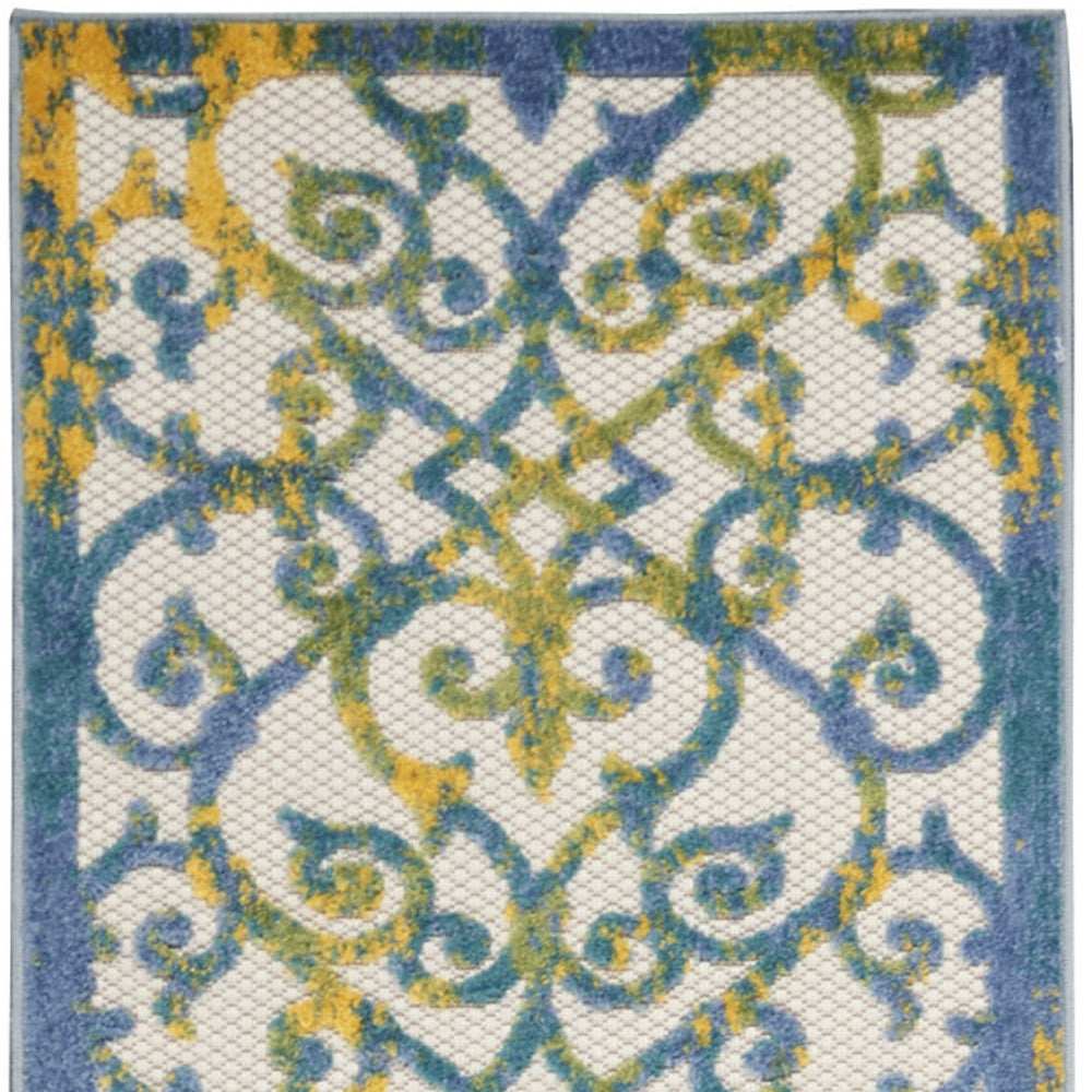 2' X 10' Ivory And Blue Damask Non Skid Indoor Outdoor Runner Rug - Homeroots - Flyclothing LLC