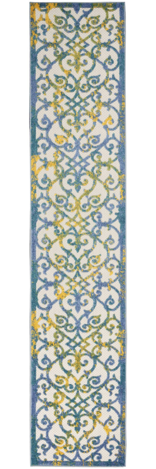 2' X 10' Ivory And Blue Damask Non Skid Indoor Outdoor Runner Rug - Homeroots - Flyclothing LLC
