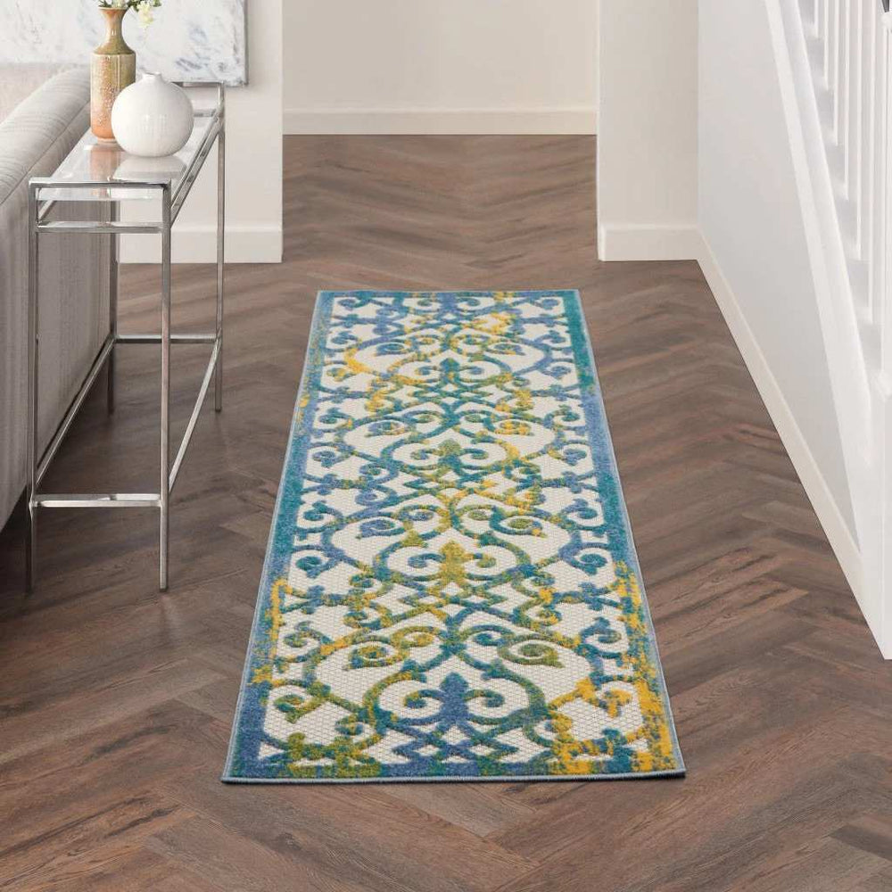 2' X 8' Ivory And Blue Damask Non Skid Indoor Outdoor Runner Rug - Homeroots - Flyclothing LLC