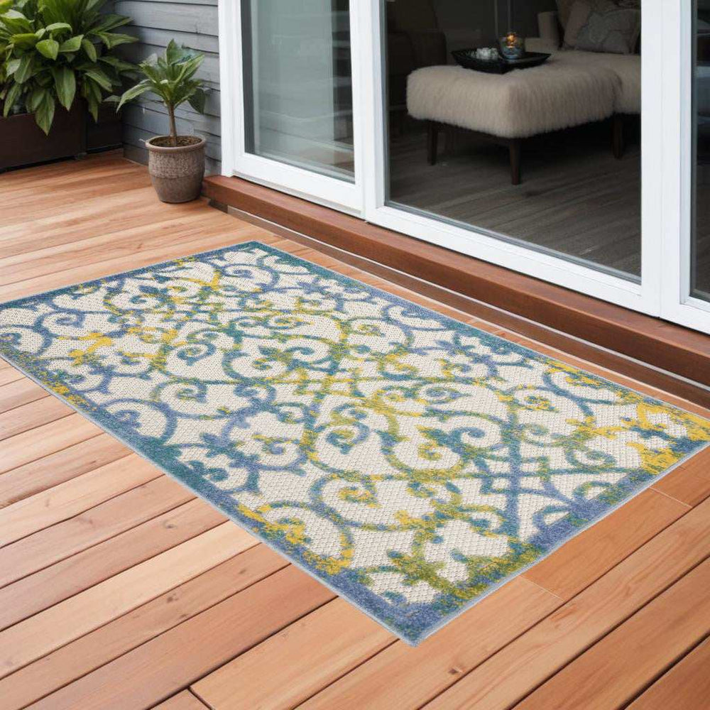 3' X 4' Ivory And Blue Damask Non Skid Indoor Outdoor Area Rug - Homeroots - Flyclothing LLC