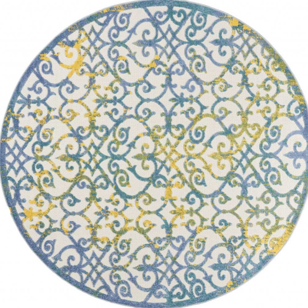 8' X 8' Ivory And Blue Round Damask Non Skid Indoor Outdoor Area Rug - Homeroots - Flyclothing LLC