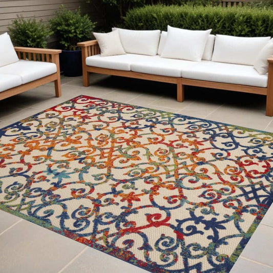 10' X 13' Ivory Blue And Green Damask Non Skid Indoor Outdoor Area Rug - Homeroots - Flyclothing LLC
