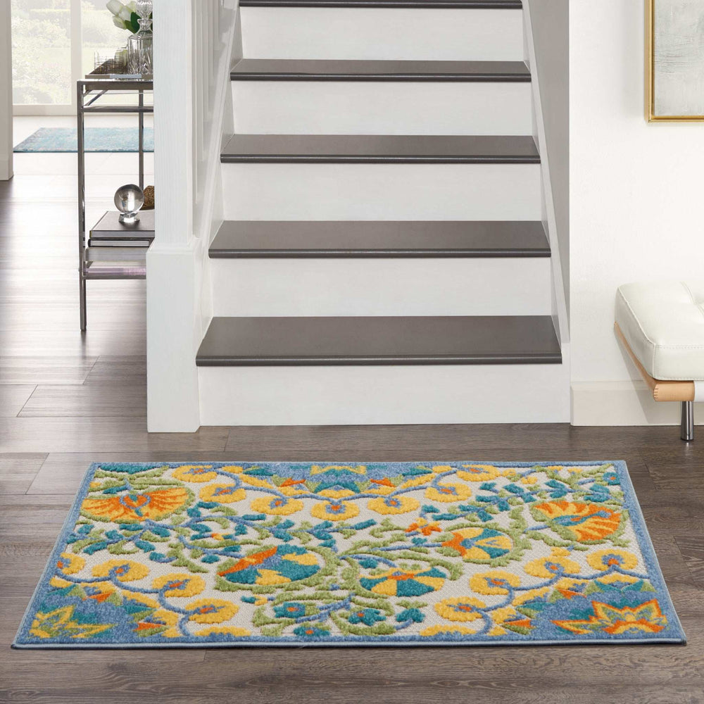 3' X 4' Yellow And Teal Toile Non Skid Indoor Outdoor Area Rug - Homeroots - Flyclothing LLC
