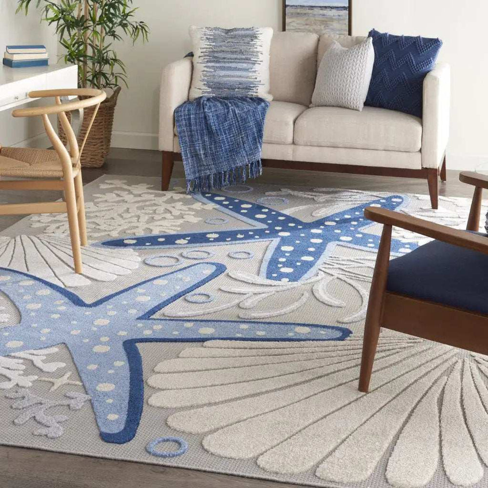 10' X 13' Blue and Gray Starfish Indoor Outdoor Area Rug - Homeroots - Flyclothing LLC