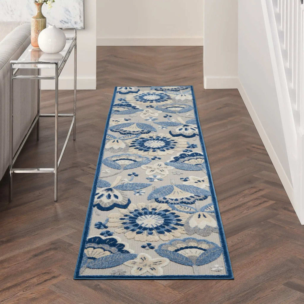 2' X 10' Blue And Grey Floral Non Skid Indoor Outdoor Runner Rug - Homeroots - Flyclothing LLC