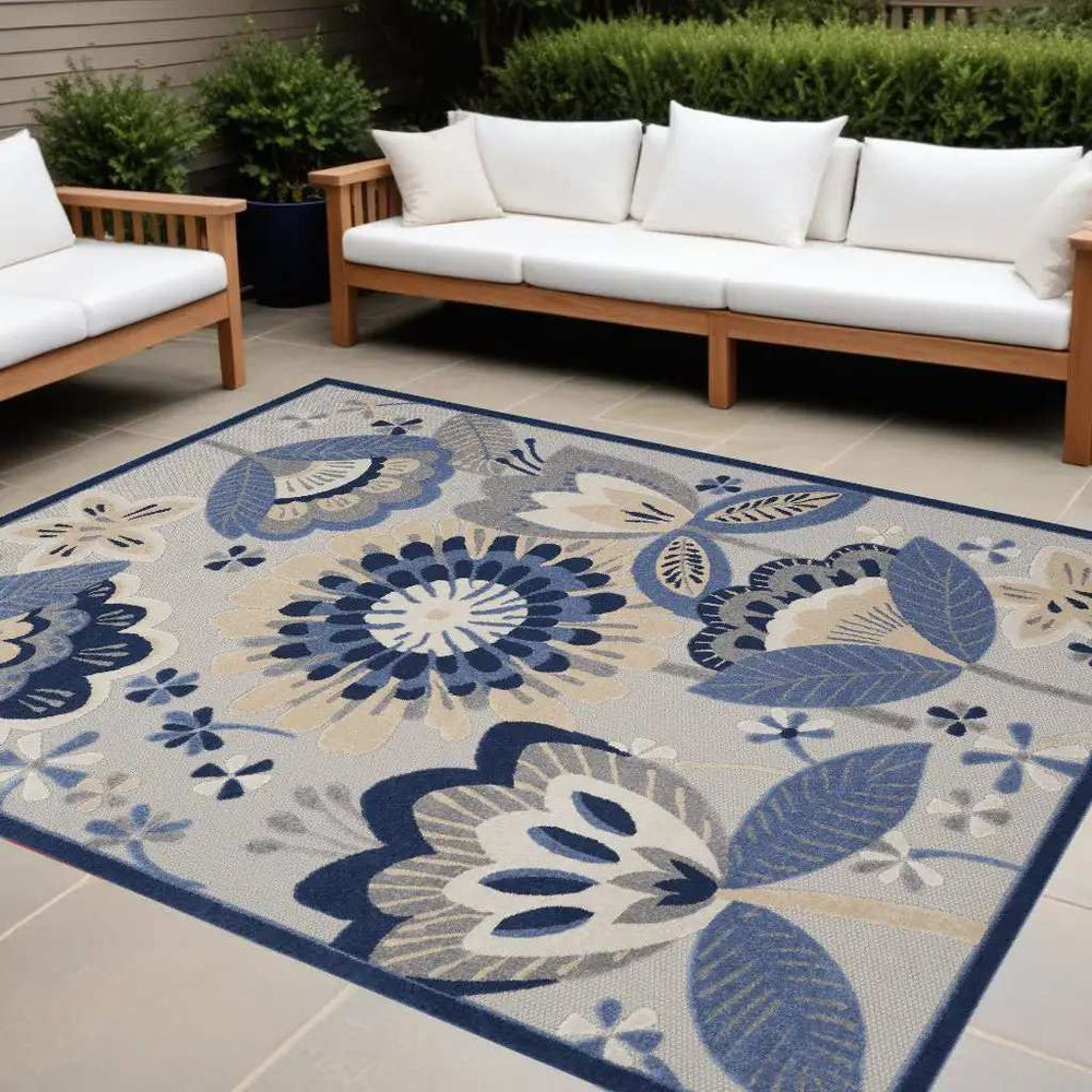 10' X 13' Blue And Grey Floral Non Skid Indoor Outdoor Area Rug - Homeroots - Flyclothing LLC
