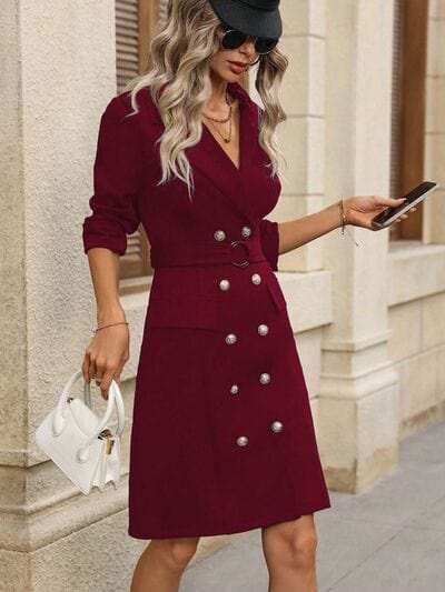 Double-Breasted Lapel Collar Long Sleeve Dress - Trendsi - Flyclothing LLC