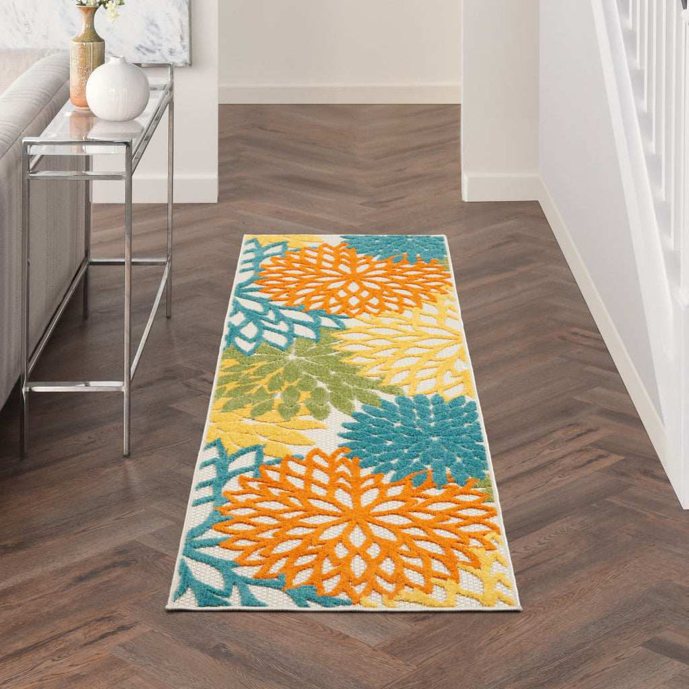 2' X 6' Turquoise Floral Non Skid Indoor Outdoor Runner Rug - Homeroots - Flyclothing LLC