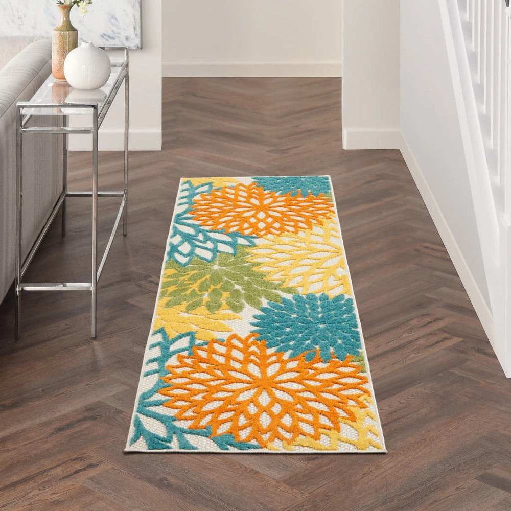 2' X 8' Turquoise Floral Non Skid Indoor Outdoor Runner Rug - Homeroots - Flyclothing LLC