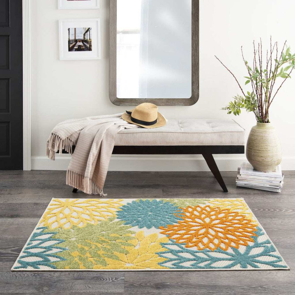 3' X 4' Turquoise Floral Non Skid Indoor Outdoor Area Rug - Homeroots - Flyclothing LLC