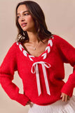 SO ME Satin Tape Braided Ribbon Tie V Neck Sweater - Trendsi - Flyclothing LLC