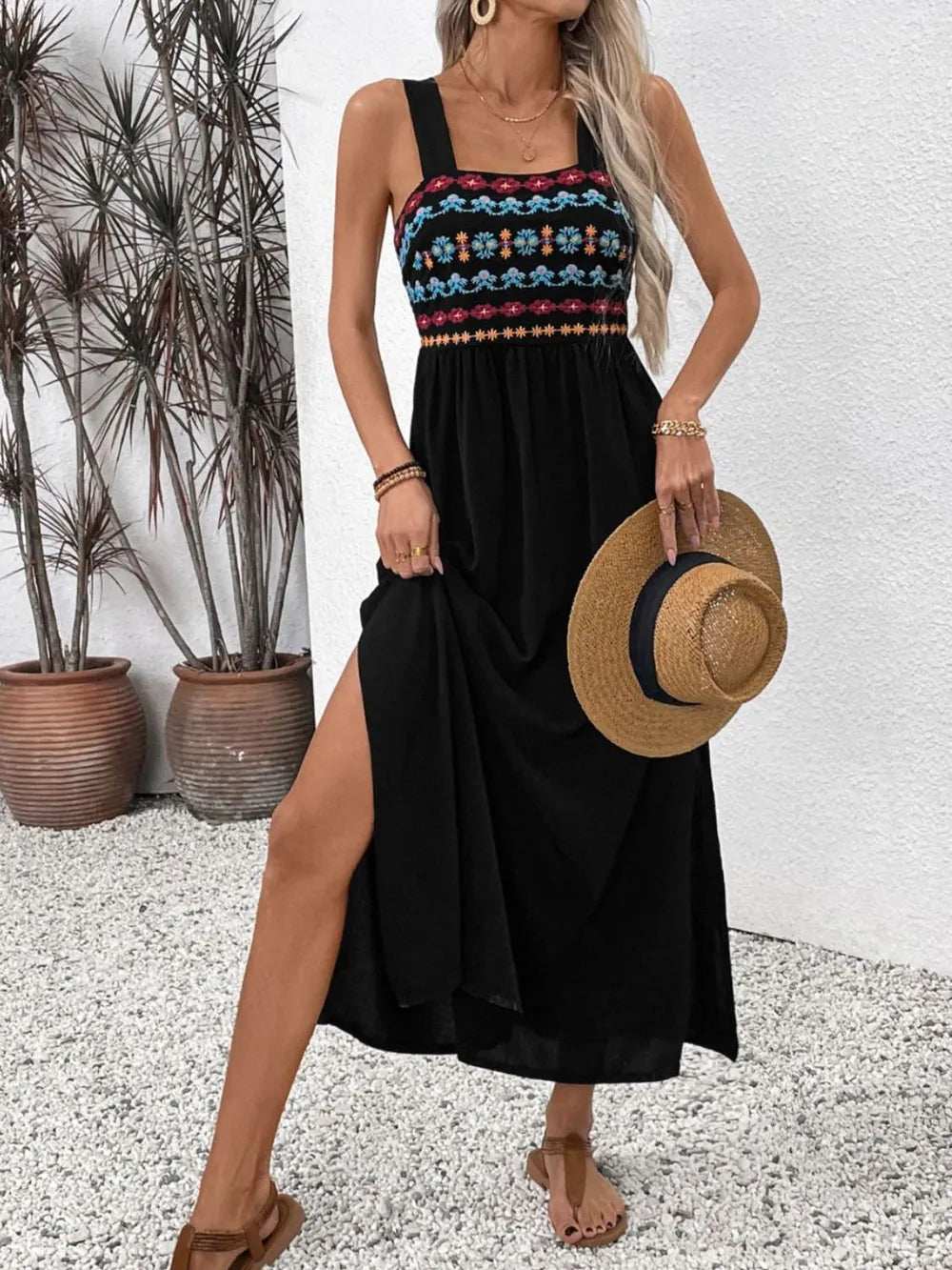 Perfee Embroidered Floral Side Slit Sleeveless Midi Dress - Trendsi - Flyclothing LLC