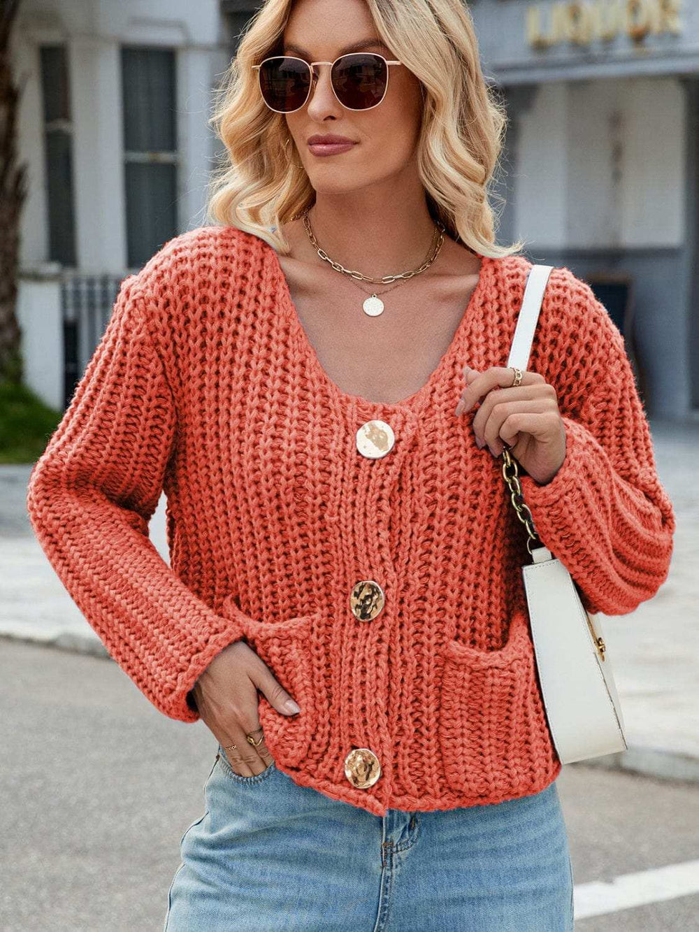 Round Neck Button Up Cardigan with Pockets - Trendsi - Flyclothing LLC