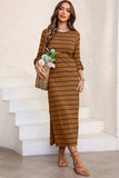 Slit Striped Round Neck Midi Dress - Trendsi - Flyclothing LLC