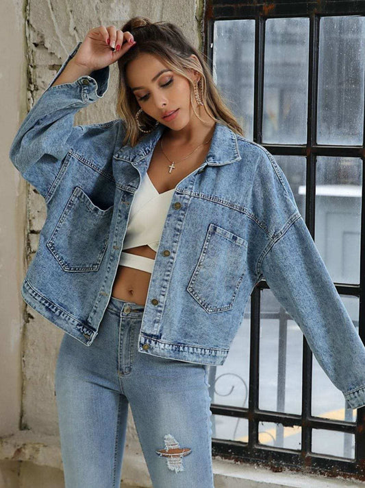 Button Down Drop Shoulder Denim Jacket - Trendsi - Flyclothing LLC