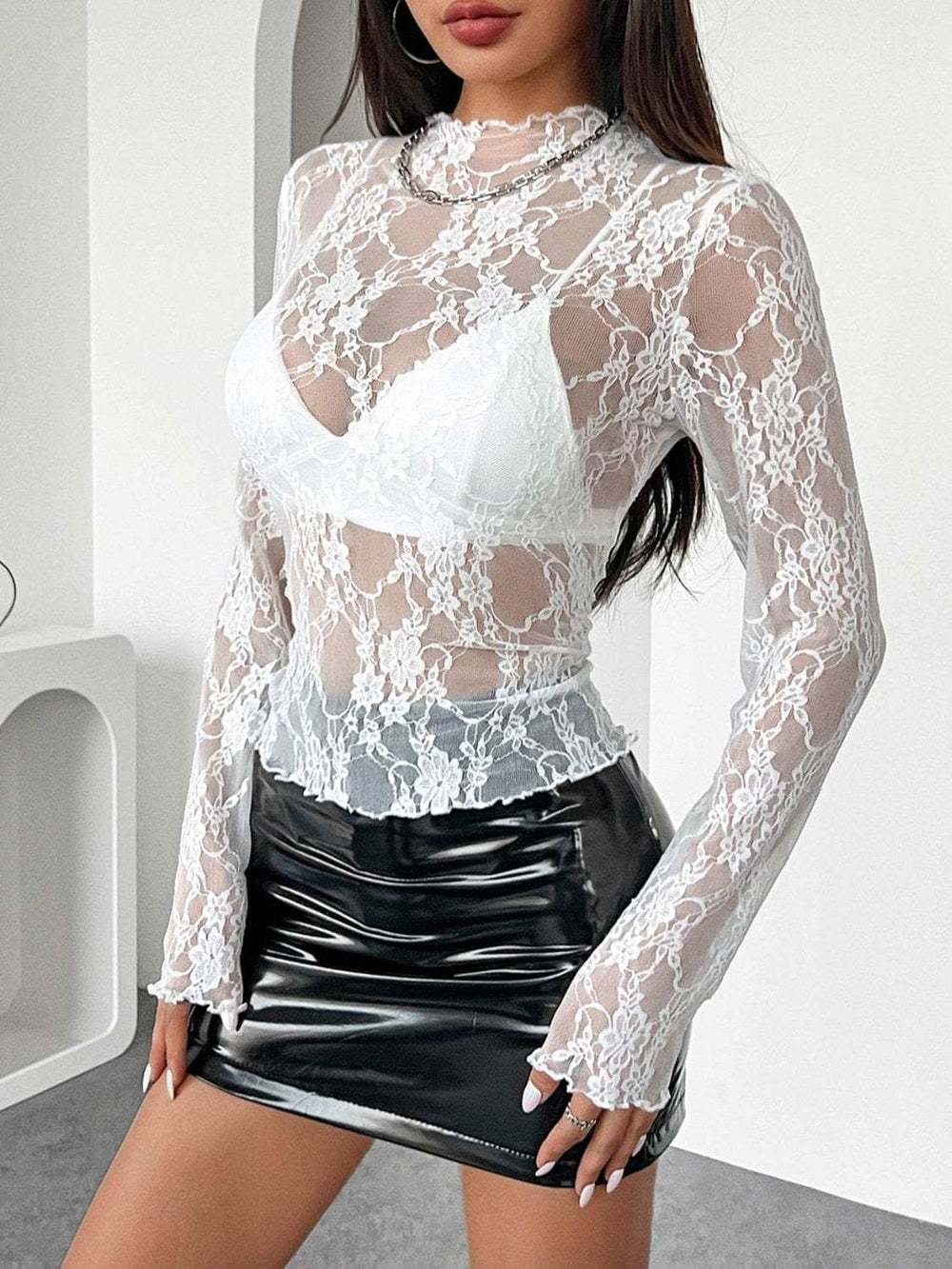 Mock Neck Long Sleeve Sheer Lace Top - Trendsi - Flyclothing LLC